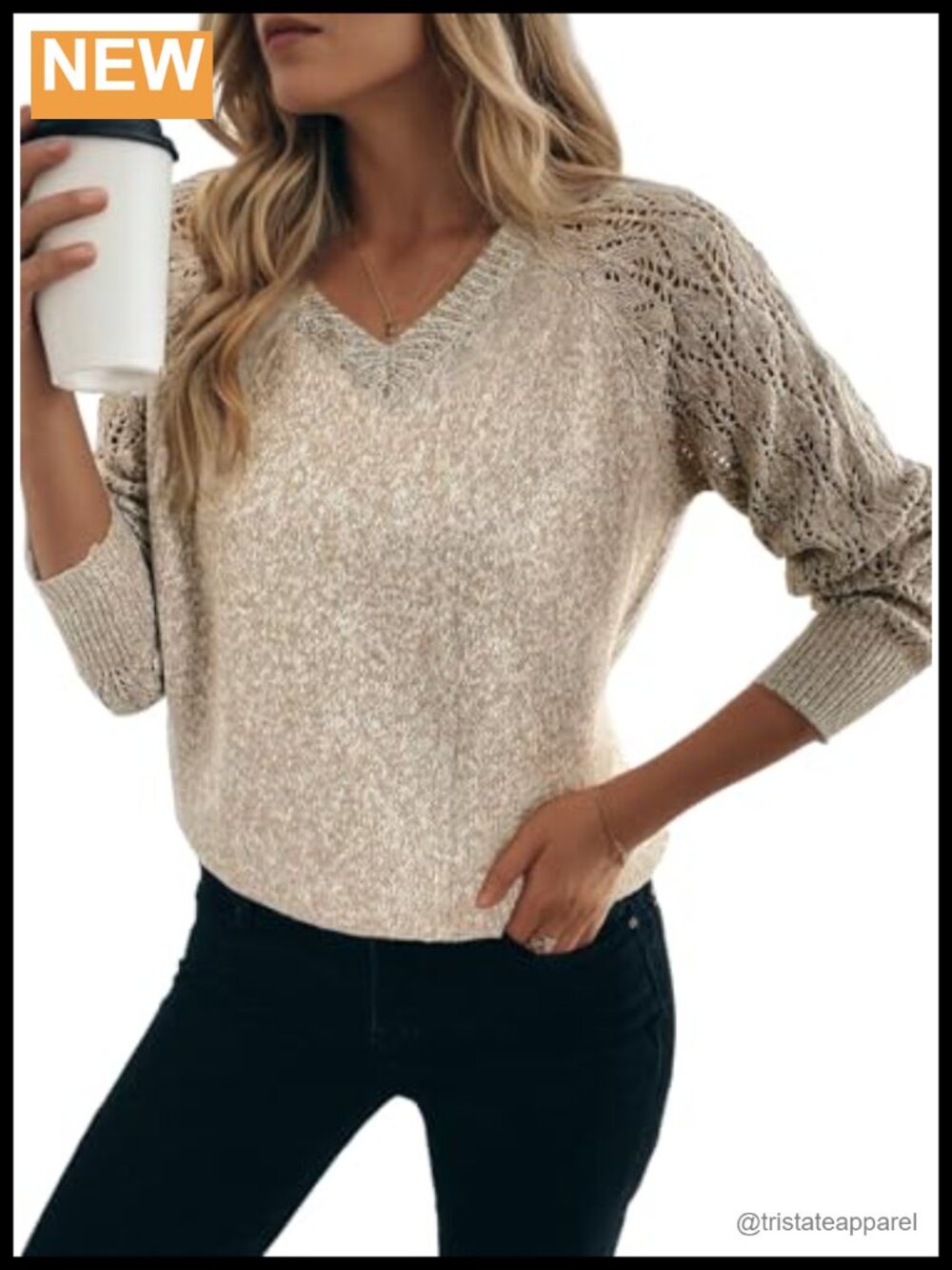 Women's Crochet Sweater Long Sleeve V-Neck Hollow Out Pullover Lightweight